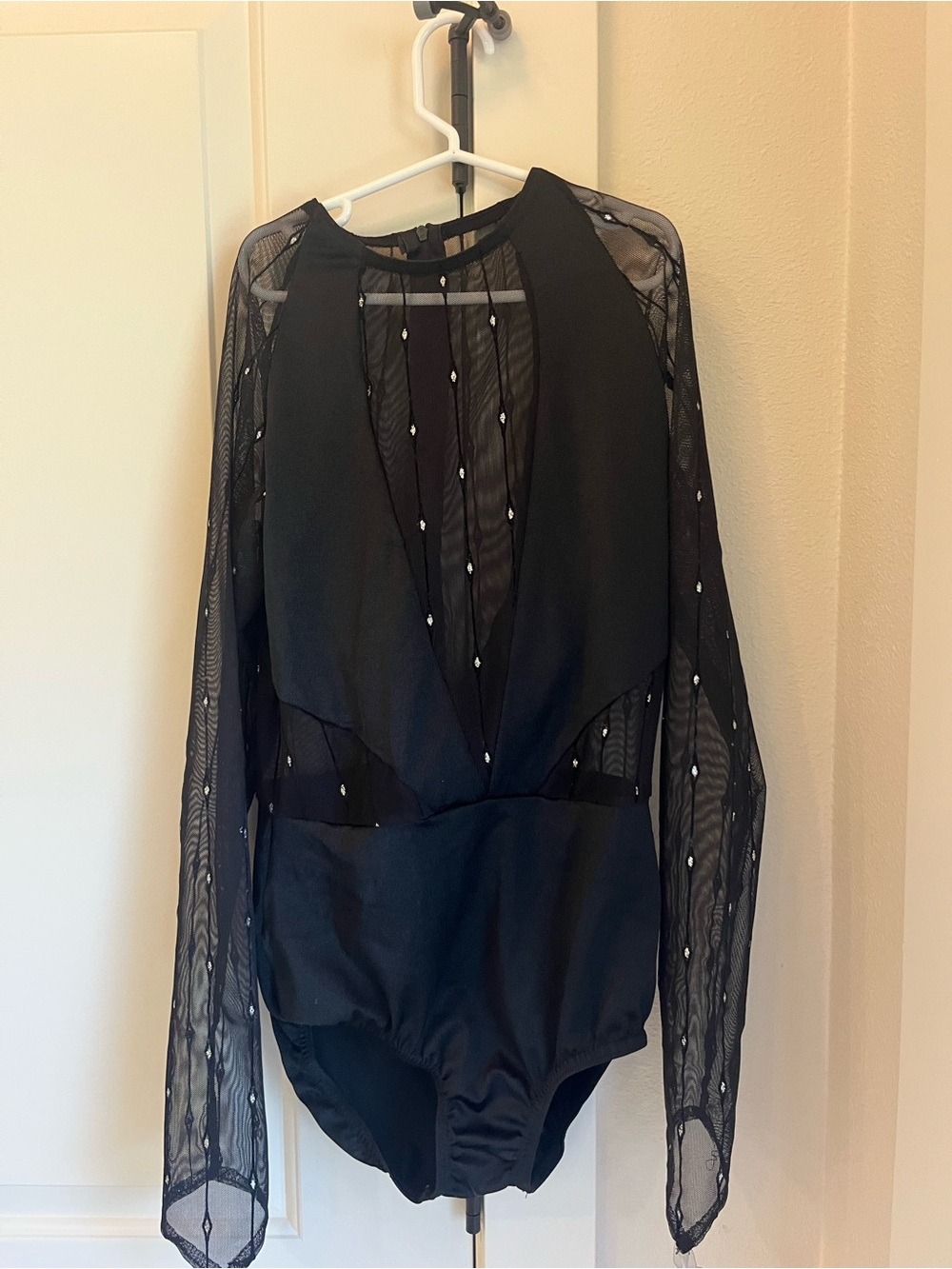 Sheer Mesh Long-Sleeve Bodysuit - Black with Fur Coat